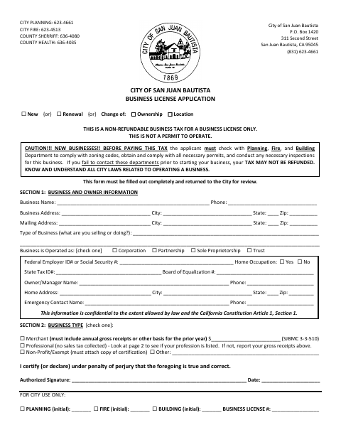 First page of the Business License Application