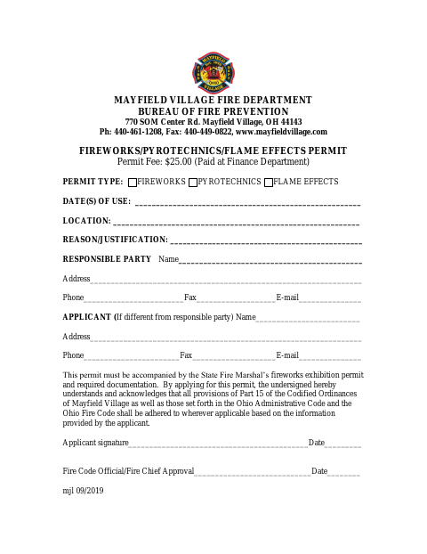 First page of the Fireworks/Pyrotechnics/Flame Effects Permit