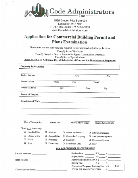 First page of the Commercial Building Permit and Plans Examination Application