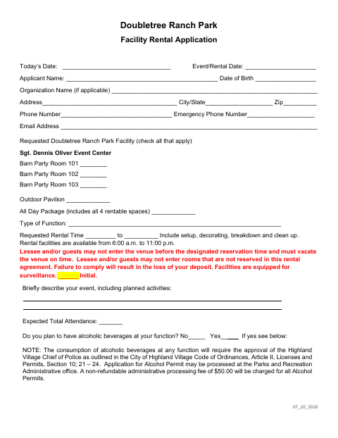 First page of the Doubletree Ranch Park Facility Rental Application