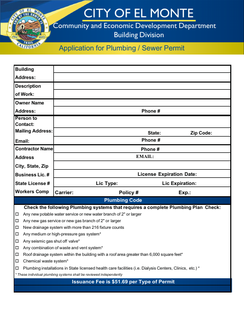 First page of the Plumbing/Sewer Permit Application