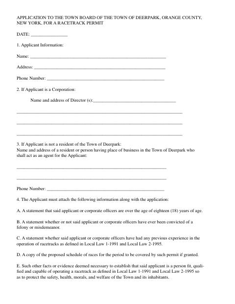 First page of the Racetrack Permit Application