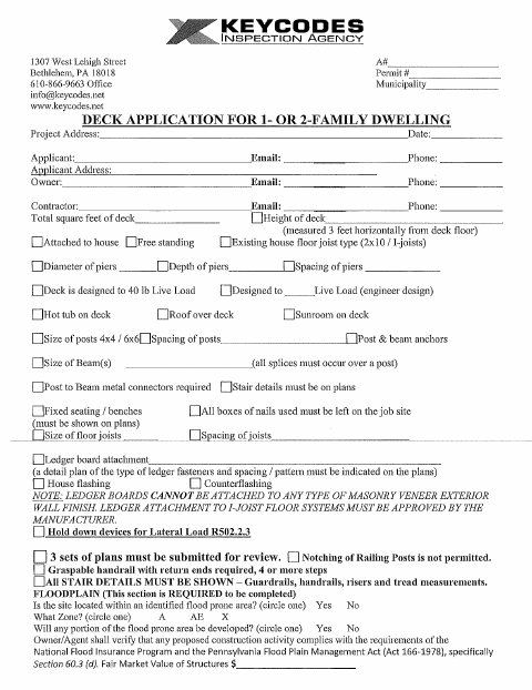 First page of the Deck Application for 1- or 2-Family Dwelling