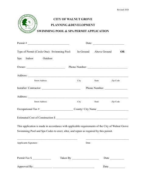 First page of the Swimming Pool & Spa Permit Application