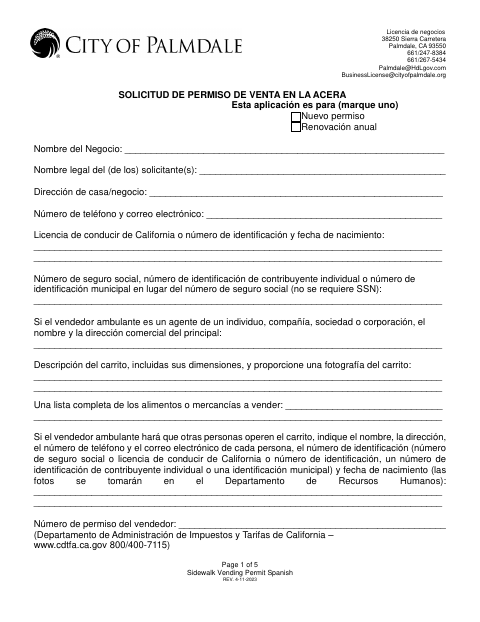 First page of the Sidewalk Vending Permit Application (Spanish)