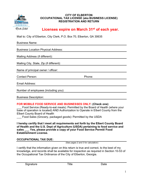 First page of the Occupational Tax License (Business License) Registration and Return