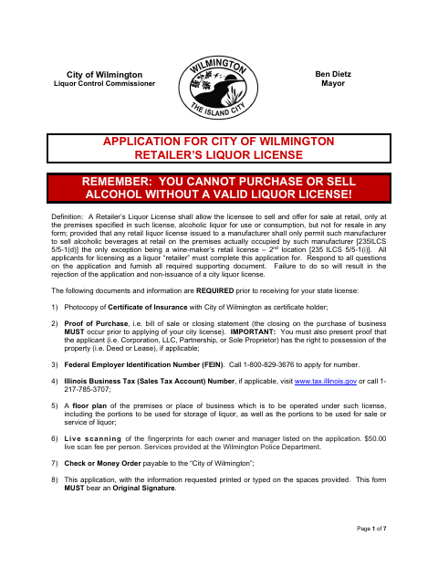 First page of the Retailer’s Liquor License Application