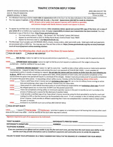First page of the Traffic Citation Reply Form