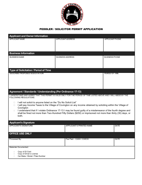 First page of the Peddler / Solicitor Permit Application