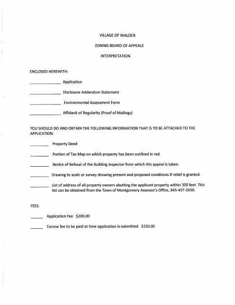 First page of the Zoning Board of Appeals Interpretation Application