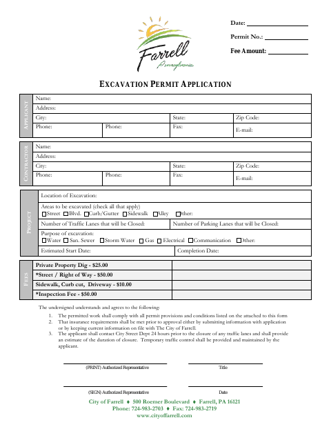First page of the Excavation Permit Application