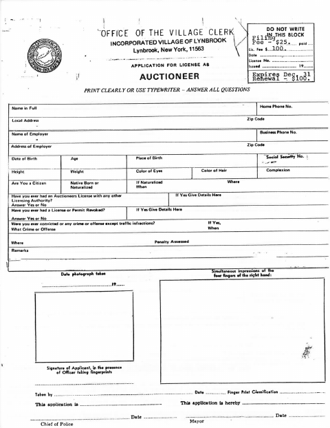 First page of the Auctioneer License Application