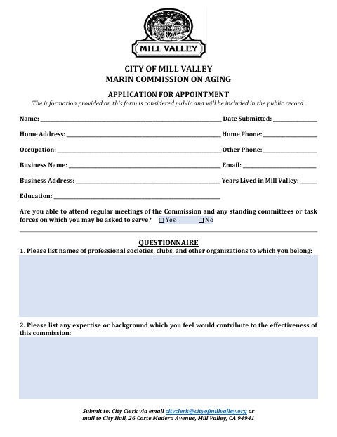 First page of the Marin Commission On Aging Application For Appointment