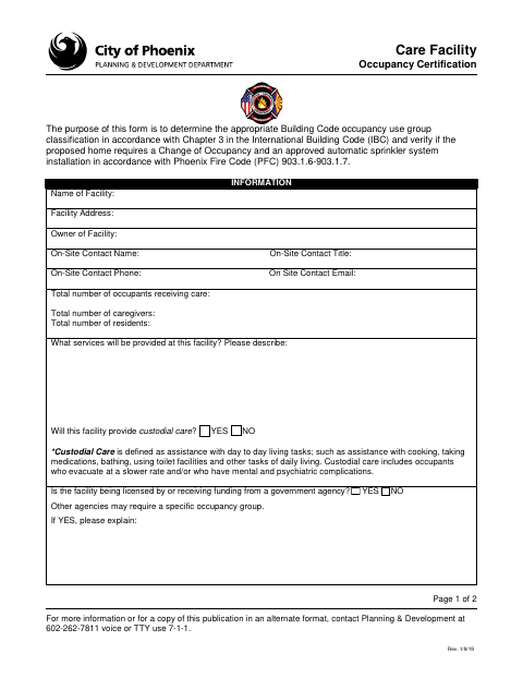 First page of the Care Facility Occupancy Certification