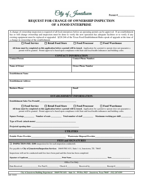 First page of the Request for Change of Ownership Inspection of a Food Enterprise