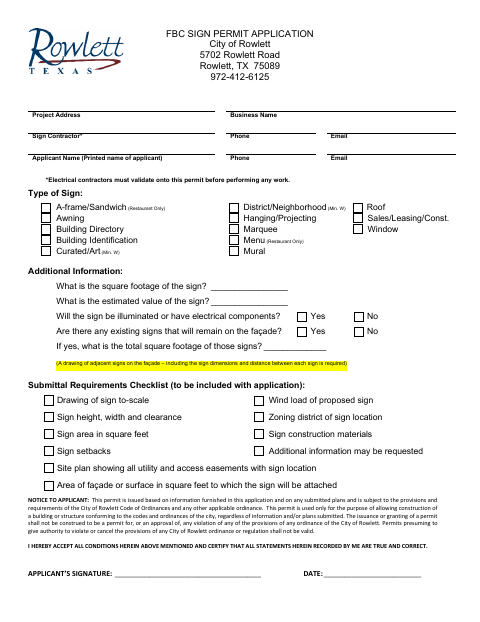 First page of the FBC Sign Permit Application