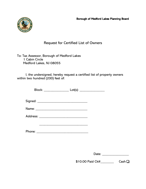 First page of the Request for Certified List of Owners