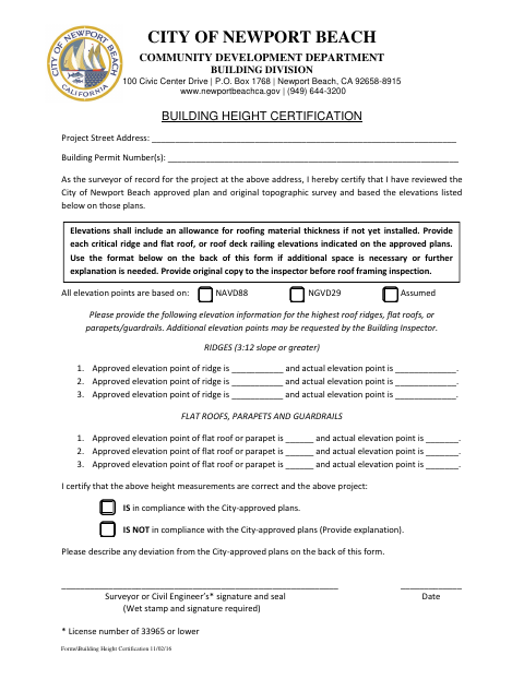 First page of the Building Height Certification