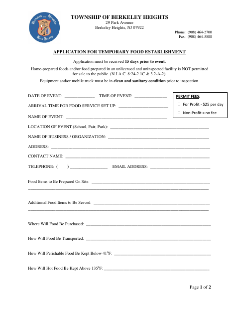 First page of the Application for Temporary Food Establishment