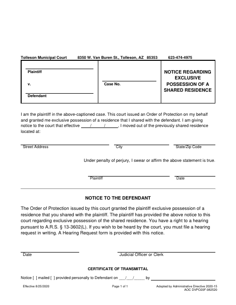First page of the Notice Regarding Exclusive Possession of a Shared Residence