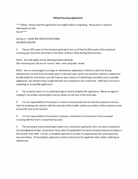 First page of the Official Rezoning Application