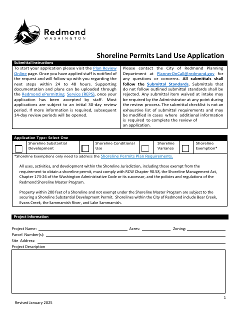 First page of the Shoreline Permits Land Use Application