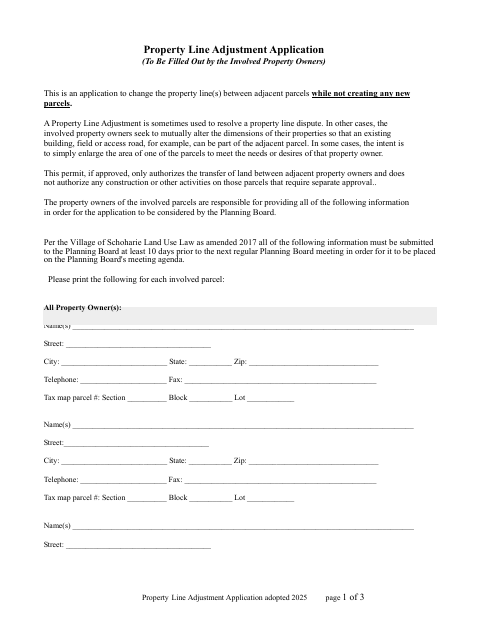 First page of the Property Line Adjustment Application