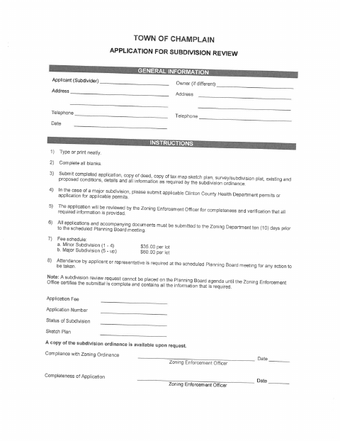First page of the Subdivision Application