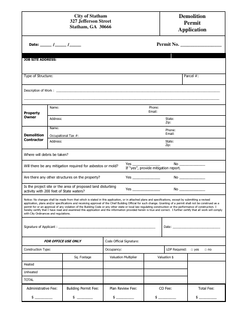 First page of the Demolition Permit Application