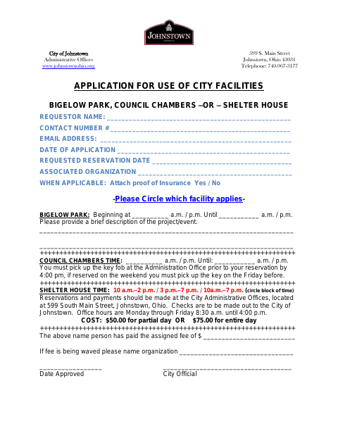 First page of the Application for Use of City Facilities