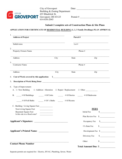 First page of the Application for Certificate of Residential Building Plan Approval