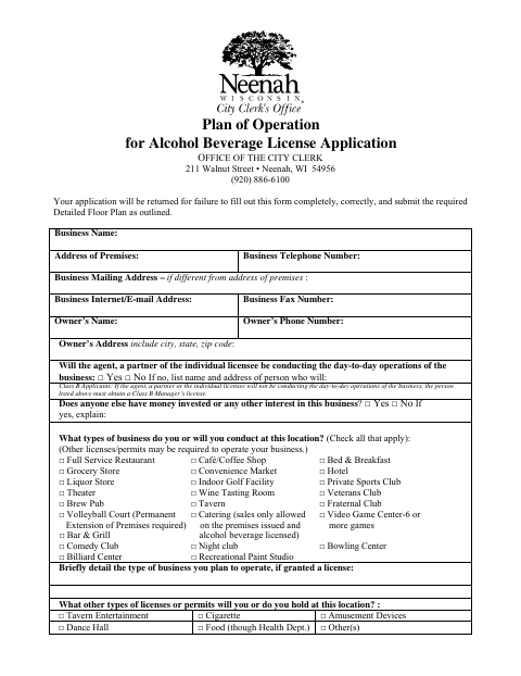 First page of the Plan of Operation for Alcohol Beverage License Application