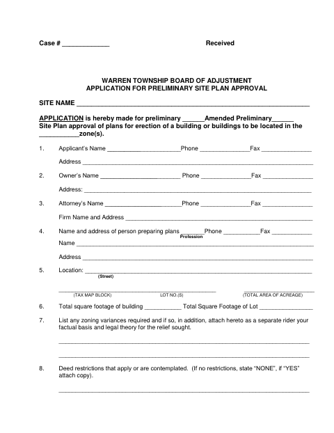 First page of the Preliminary Site Plan Approval Application