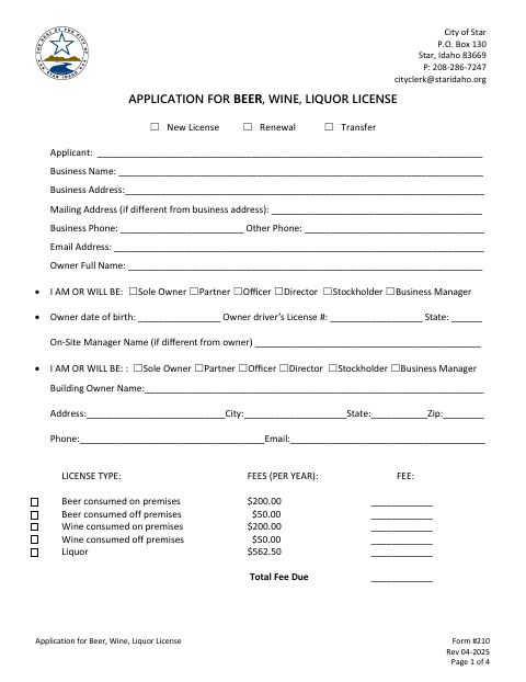 First page of the Application for Beer, Wine, Liquor License