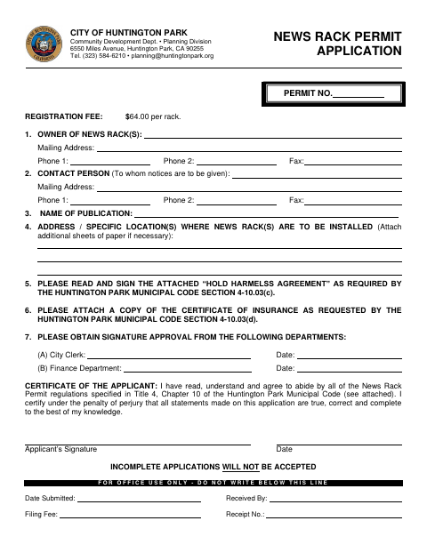 First page of the News Rack Permit Application