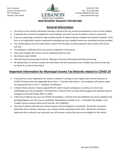 First page of the Nonresident Income Tax Refund Request Form
