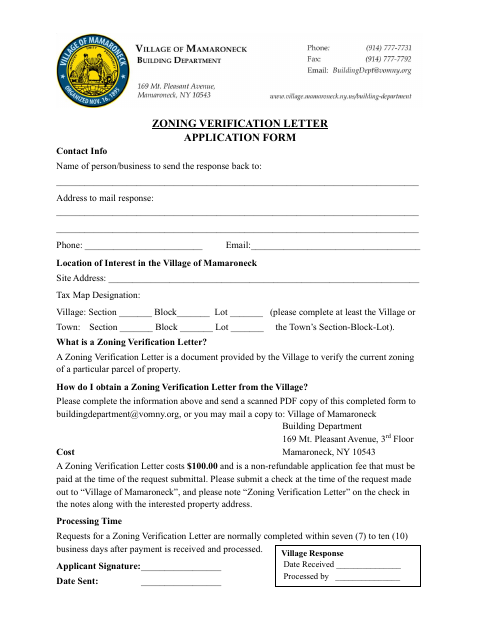 First page of the Zoning Verification Letter Application Form