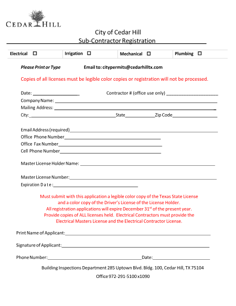First page of the Sub-Contractor Registration