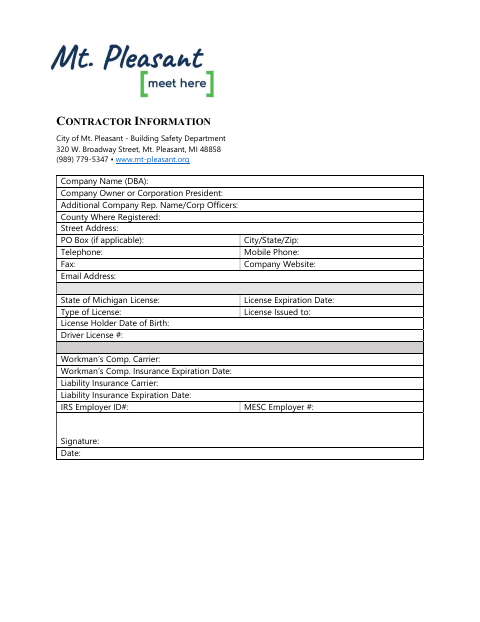 First page of the Contractor Information