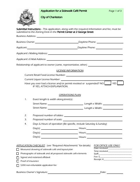 First page of the Sidewalk Cafe Permit Application