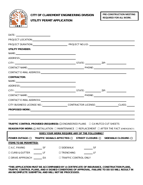 First page of the Utility Permit Application