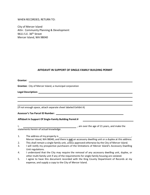 First page of the Affidavit in Support of Single-Family Building Permit