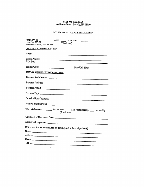 First page of the Retail Food License Application