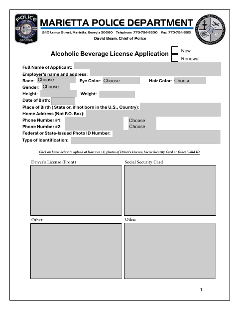 First page of the Alcoholic Beverage License Application