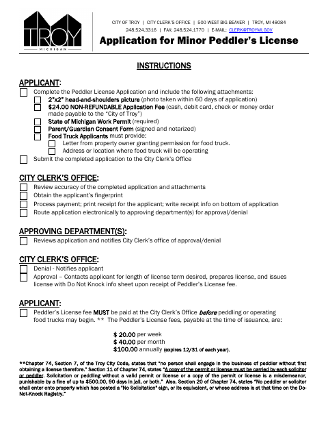 First page of the Application for Minor Peddler’s License