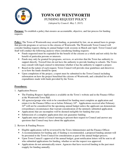 First page of the Funding Request Policy and Application