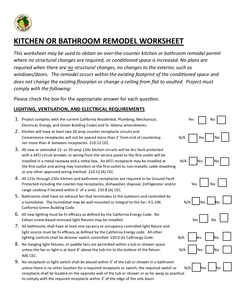 First page of the Kitchen or Bathroom Remodel Worksheet