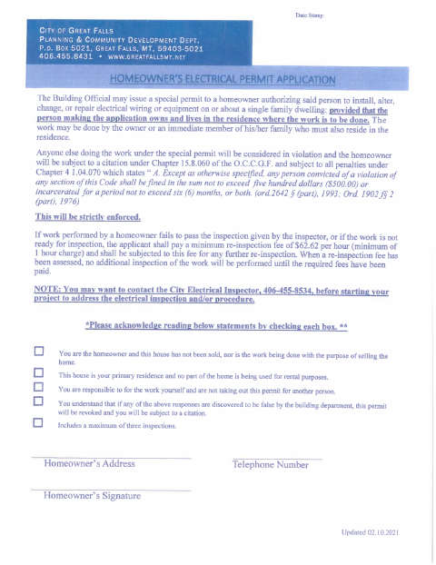 First page of the Homeowners Electrical Permit Application