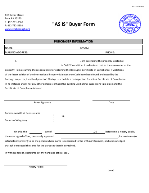 First page of the As-Is Buyer Form