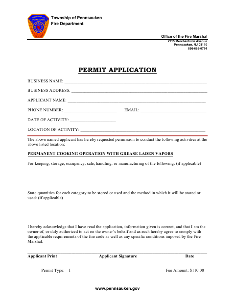 First page of the Permanent Cooking Permit Application